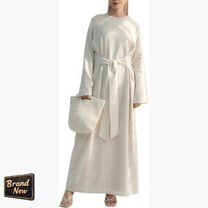 100% Linen Maxi Dress with Flared Sleeves and Tie Belt Summer Dress